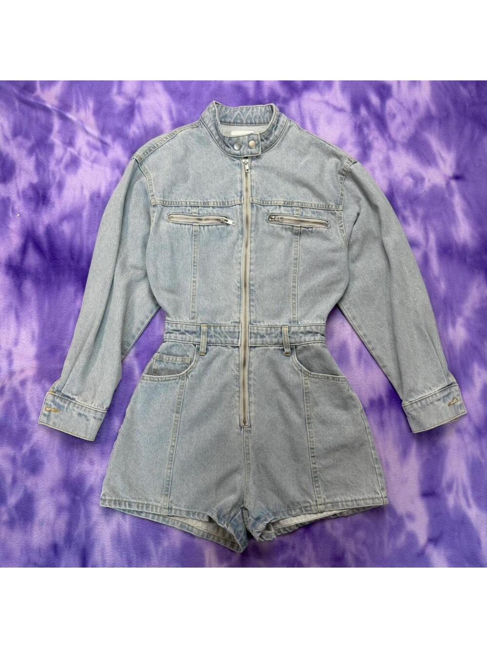 Le Lis light wash denim moto style long sleeve romper